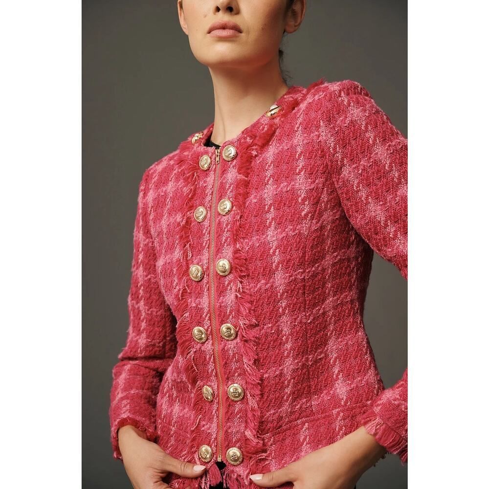 NWT Walter Baker Britney Pink Tweed Fringe Zip Jacket Medium